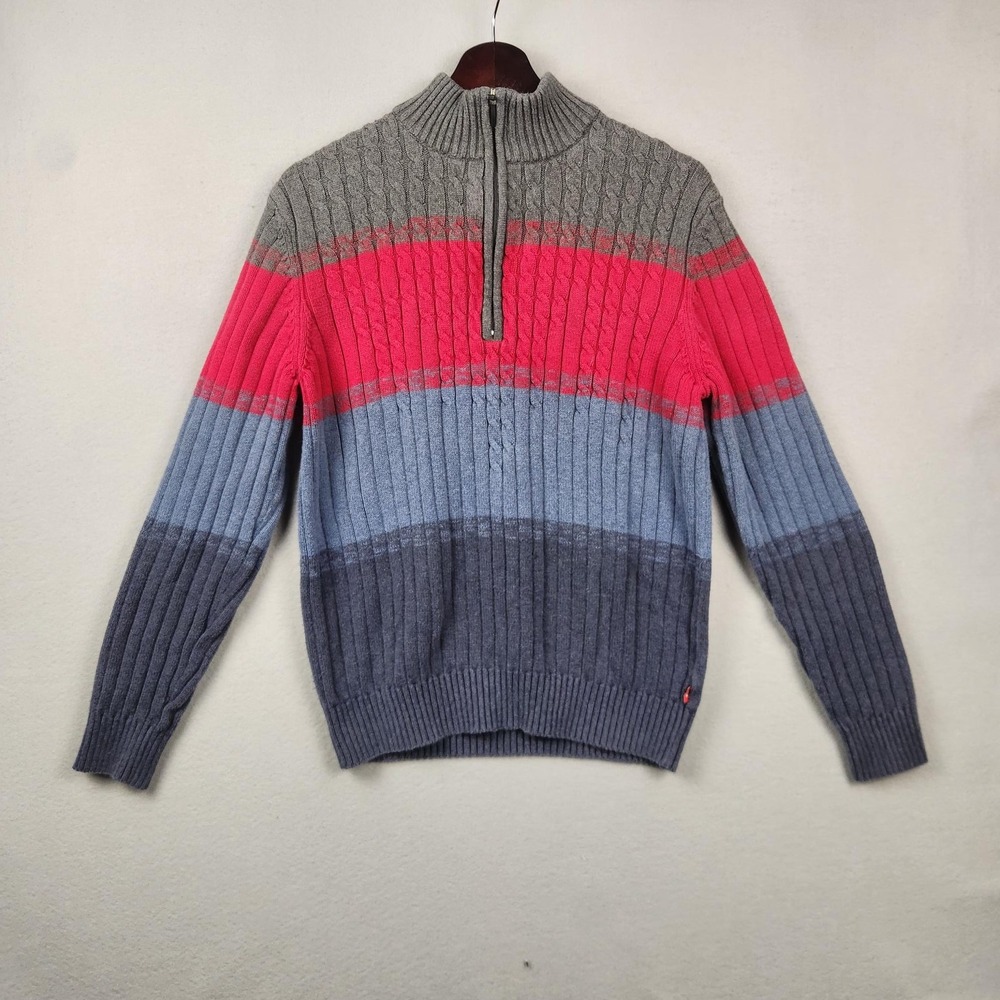 IZOD Sweater Mens Medium Gray‎ Red Blue Quarter Zip Mock Neck Striped Ribbed
